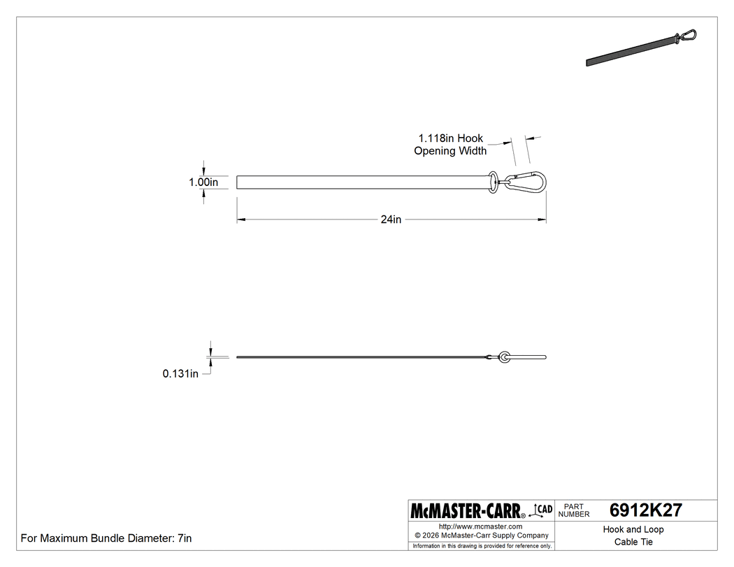 Technical Drawing of Mountable Hook and Loop Cable Strap, Carabiner-Mount with 360 Degree Rotation, 24" Long.